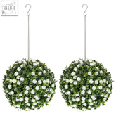Two homcom set topiary rose balls with green foliage and white artificial roses hanging by silver chains