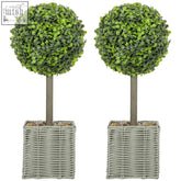 Two 50cm green boxwood topiary balls with slender gray stems in light gray wicker planters from homcom set of 2 artificial plants