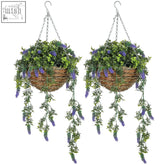 Woven wicker hanging baskets from homcom set with purple lavender flowers and artificial greenery, hanging by silver chains