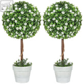 Two homcom set artificial plants with green foliage and white rose flower in distressed white ceramic pots 60cm tall