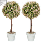 Pair of cream white homcom set artificial topiary trees with green pink blossoms in distressed cement soil pots