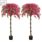 Homcom set of 2 artificial plants with twisted trunks, pink blossoms, metal wires, and black pots, resembling murraya flowers