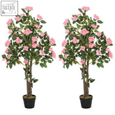 Homcom set of 2 decorative artificial rose trees with pink blossoms, metal wires, and cement-filled pots in black containers