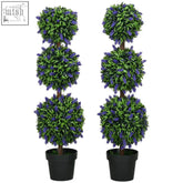 Two homcom set artificial plants with lush green foliage and vibrant purple lavender flowers in three-tiered topiary form