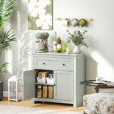 Light gray painted wooden sideboard storage cabinet with drawer and open door showing organized compartments