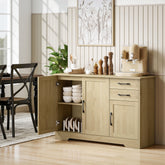 Light wood finish homcom sideboard with two cabinets and adjustable shelf showing open door with white bowls in living room