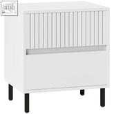 White modern nightstand with subtle point vertical slats two drawers and black legs made of particle board
