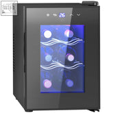 Black homcom six bottle wine fridge with triple glass door, digital display at 26 degrees, and blue interior lighting