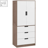 Modern homcom two door particle board wardrobe in white with wood grain sides three drawers for folded garments storage