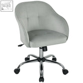 Light gray velvet homcom vanity chair with tufted seat and back, chrome base, wheels, and adjustable seat height