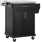 Black HOMCOM wooden kitchen cart with stainless steel countertop, drawer, cabinet, towel rail, and spice rack on wheels