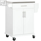White homcom wooden kitchen island on wheels with stainless steel top silver handles spice rack towel rail and black caster wheels
