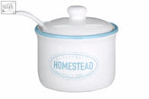 White ceramic homestead sugar pot with light blue rim lid and homestead label for stylish sugar storage