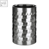 A sleek stainless steel honey bee wine cooler with hammered texture and reflective surface for chilling drinks