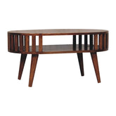 Honey caramel ariella coffee table mid century modern oval dark wood with vertical slats and tapered legs