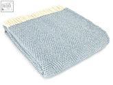 Honeycomb pure new wool throw petrol blue in soft light blue herringbone with cream fringe size 183cm including fringe perfect for double bed