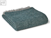 Folded honeycomb xl pure new wool throw blanket in emerald grey with textured herringbone weave and gray fringe size guide