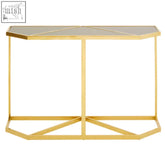 Gold-toned console table with black tempered glass geometric mirrored top and angular metal frame for stylish decor
