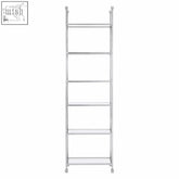 Silver metal ladder shelf with six tempered glass shelves and decorative finials horizon cross design shelving unit