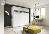 White modern horizontal folding wall bed with solid 22mm laminated sliding doors and integrated storage shelves