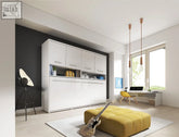 White modern horizontal folding wall bed with solid 22mm laminated cabinet doors and integrated storage shelves