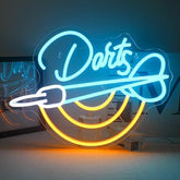 A horseneon dart neon sign with glowing blue outline and yellow circles neon light perfect for game room decor