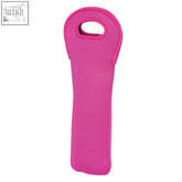 Hot pink neoprene wine bottle holder with looped handle perfect for carrying a wine bottle easily
