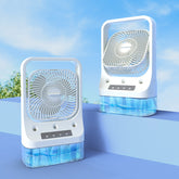 White tabletop evaporative cooling fan with transparent blue water tank and usb rechargeable low noise design