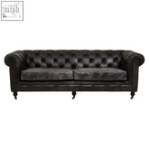 Hoxton antique black three seat chesterfield leather sofa with deep button tufting and rolled arms