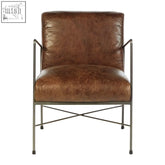 Hoxton brown leather lounge chair with brown leather upholstery and a sleek metal frame lounge chair features