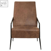 Hoxton lounge chair with reclined profile in brown leather suede and black metal frame for relaxing seating