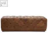 Brown leather rectangle chesterfield ottoman with tufted diamond-patterned stitching and a classic bench design