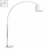 Hubert nickel finish arc floor lamp with silver chrome frame and white cylindrical shade for modern lighting