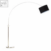 Silver arched floor lamp with black fabric shade in satin nickel finish metal for modern satin nickel floor decor