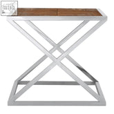 Hudson side table with rustic fir wood veneer top and shiny stainless steel cross frame base for modern decor