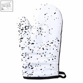 White oven glove with black speckles and black fabric wrist strap for the hygge single oven glove design