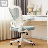 White mesh-backed iara office chair with light blue upholstered seat and armrests on caster wheels for office use