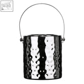 Black and silver hammered metal ice bucket with dependable insulation fitted lid and curved handle for easy carrying