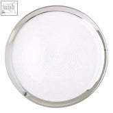 Ida embossed glass coupe charger plate with silver rim and circular ceiling light with chrome frame and frosted glass diffuser