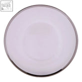 Ida glass charger plate featuring a sleek white ceramic design with a polished silver rim for elegant table settings