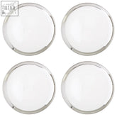 Set of four white glass coupe charger plates with embossed spiral texture and polished chrome rims, 32cm diameter