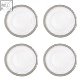 Ida set of four white ceramic charger plates with silver rim and embossed spiral texture, 33cm diameter