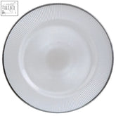 Ida white embossed glass charger plate with subtle radial ridges and a sleek silver rim design