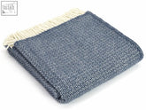 Folded blue slate illusion pure new wool throw blanket with cream fringe 183cm including fringe blanket size guide