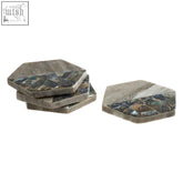 Hexagonal coasters set of four beige marble with paua shell camouflage pattern made of stone for stylish table use