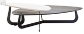 Imperia large asymmetrical ceramic coffee table with white marble top dark gray stone surface and black metal legs