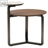 Modern imperia 2 tier round ceramic coffee table with white marble top and warm wood finish to bring layered style