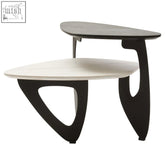 Modern imperia 2 tier small asymmetrical ceramic coffee table with black sculpted legs and gray white oval tops