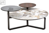 Modern imperia 3 tier round ceramic marble coffee table with dark glass wood accents and black metal legs