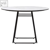 Modern round dining table with white ceramic marble effect top and sleek black metal legs perfect for any space